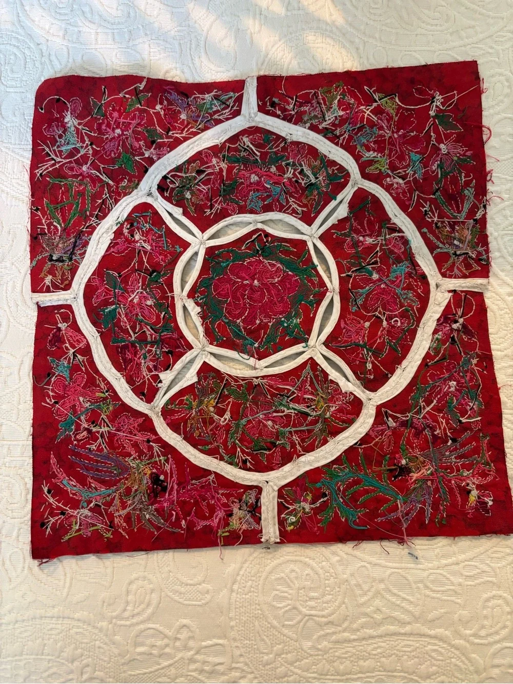 Embroidered Red Floral Bohemian Tapestry Wall Accent